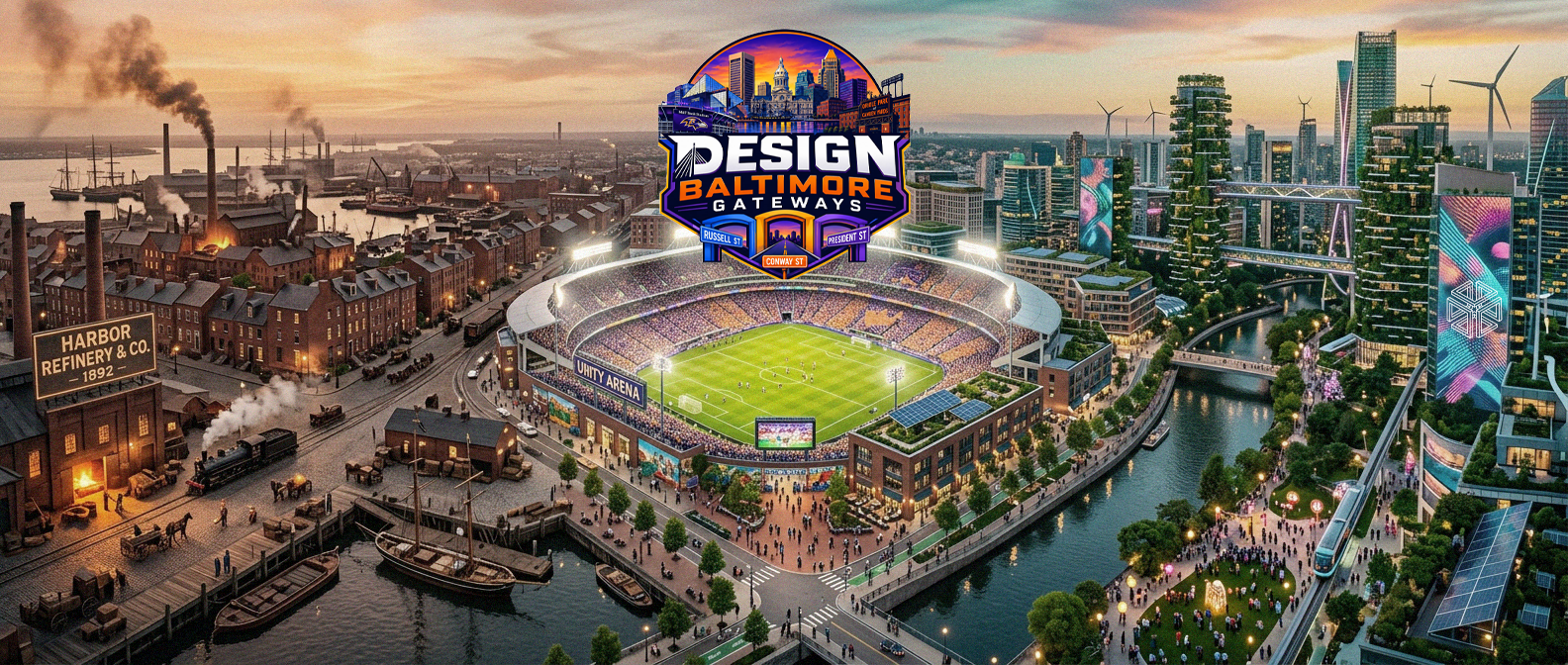 Design Baltimore: Gateways — the harbour, the arena and the new waterfront district in one panorama